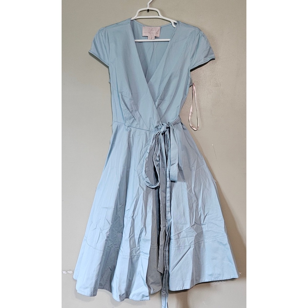 Gal Meets Glam Collection Blue Cotton Wrap Midi Dress Short Sleeve Size 8